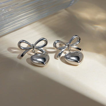 Stainless Steel Bow & Heart Drop Earrings.