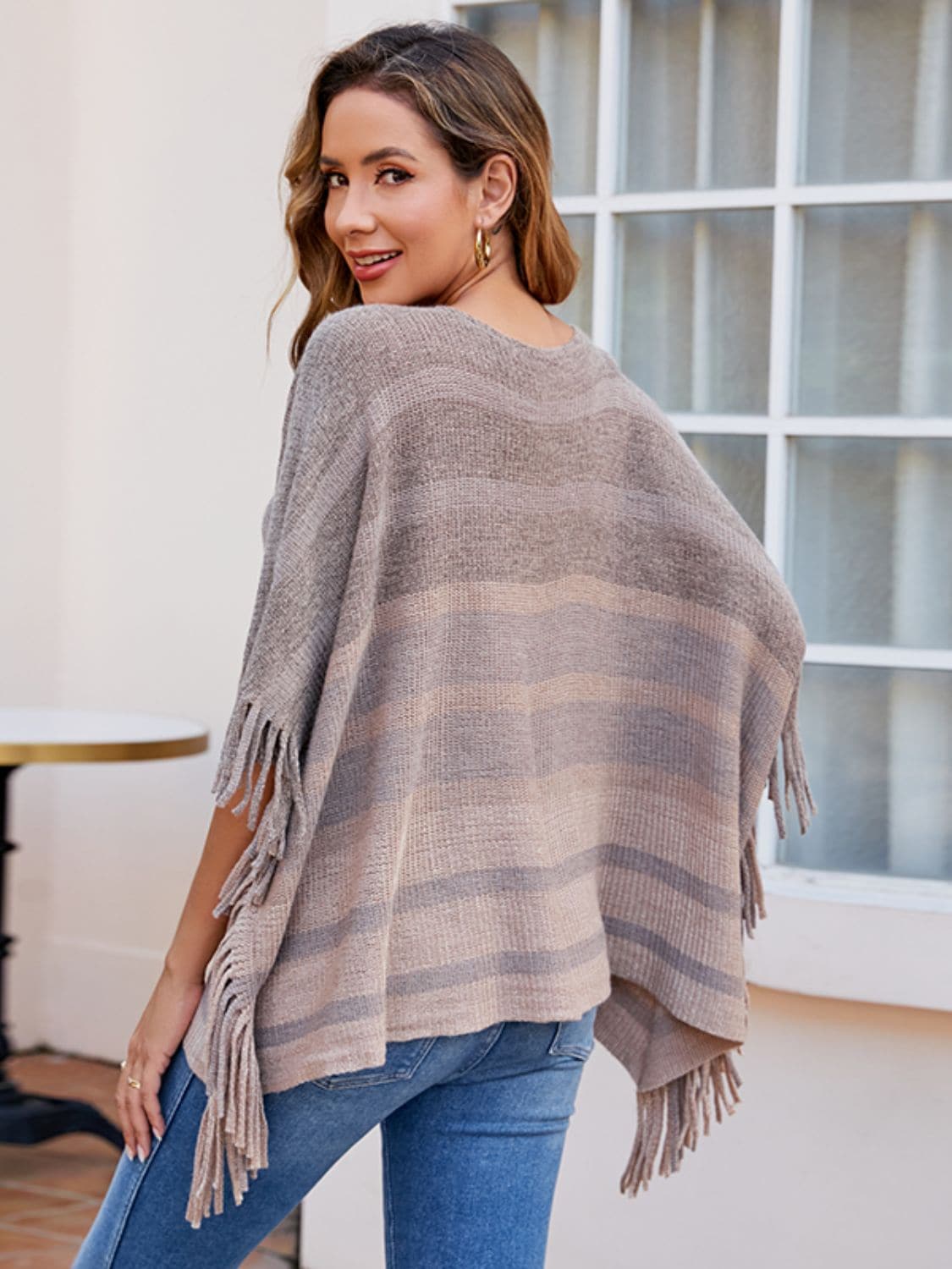 Striped Boat Neck Poncho with Fringes.