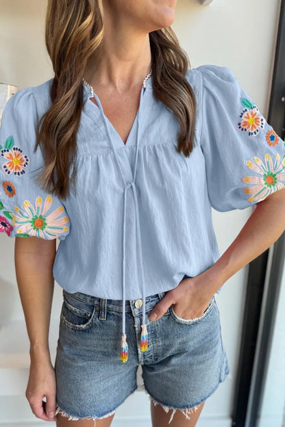 Embroidered Tie Neck Short Sleeve Blouse