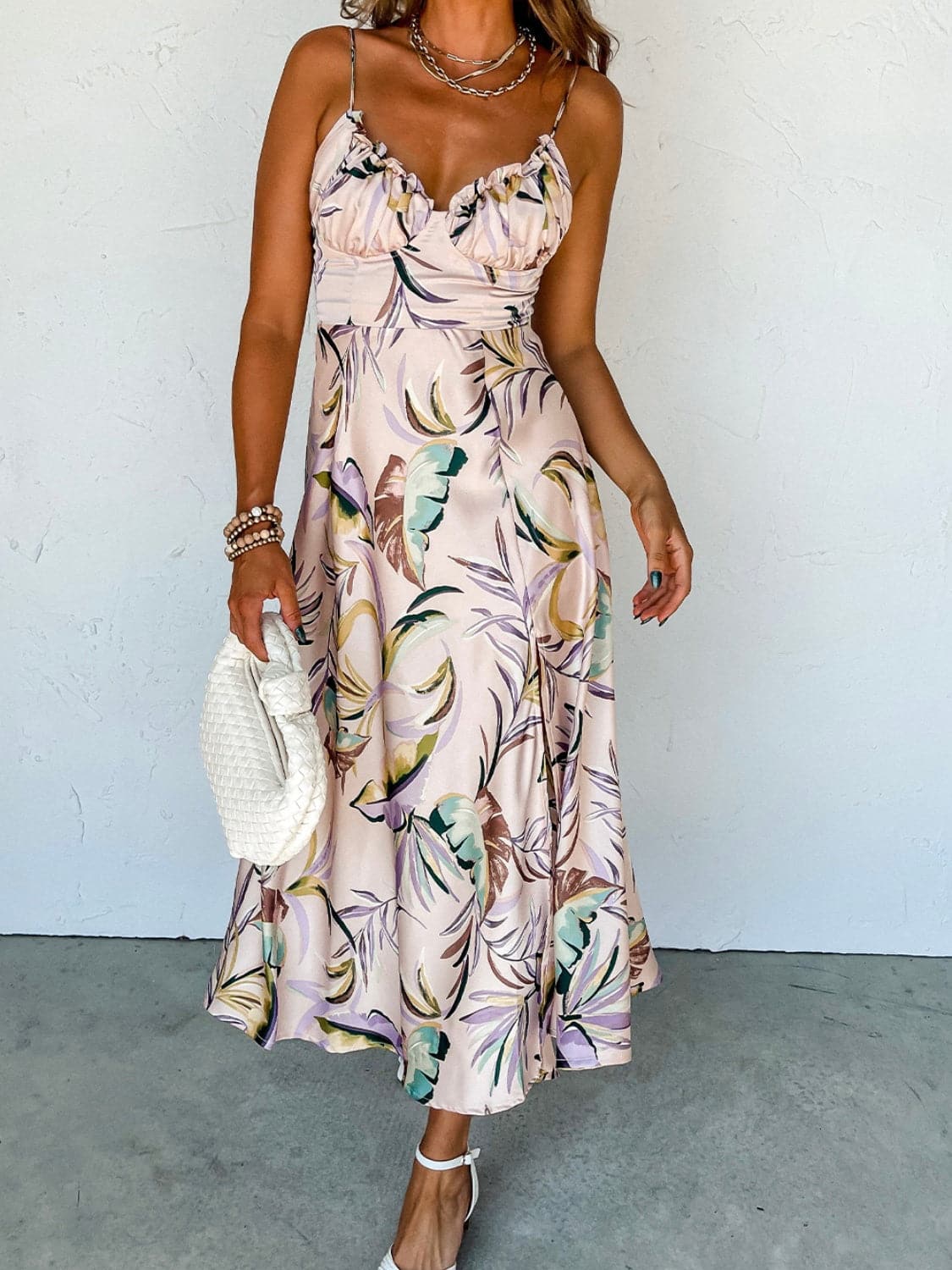 Slit Frill Printed Midi Cami Dress.