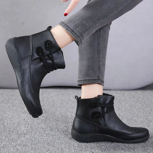 Women Button Detail Ankle Boots PU Leather Flat Heel Rubber Sole Simply Love