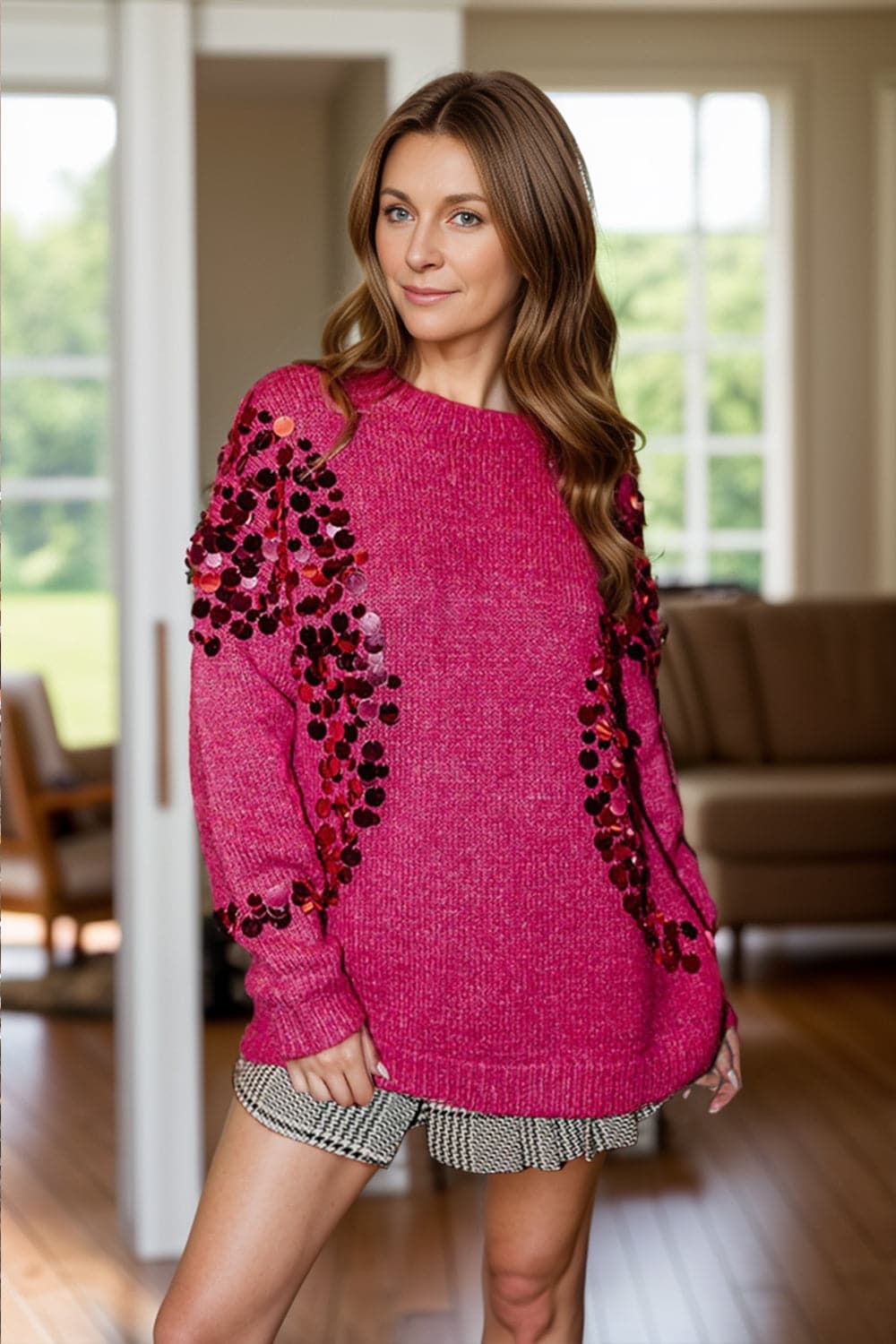 Sparkling sequin long sleeve sweater with round neckline