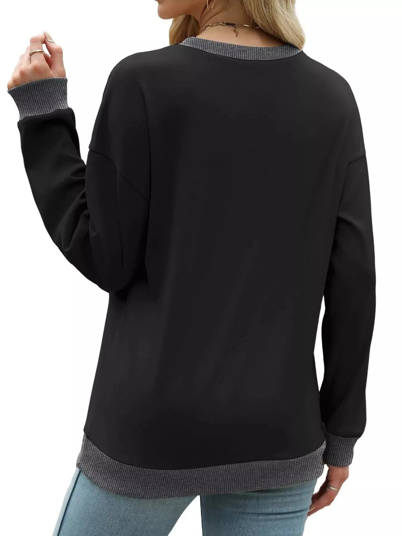 Contrast Trim Crew Neck Casual Sweatshirt Simply Love