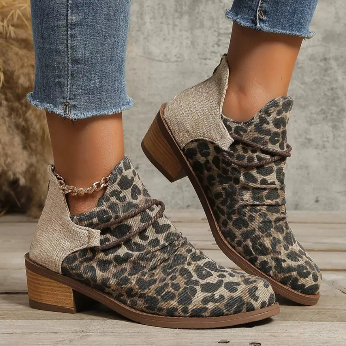 Two Tone Denim Block Heel Ankle Boots Beige Accent Simply Love