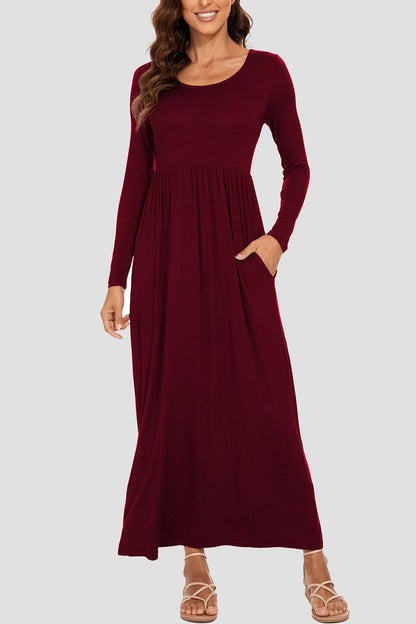 Round Neck Long Sleeve Pocketed Maxi Dress.