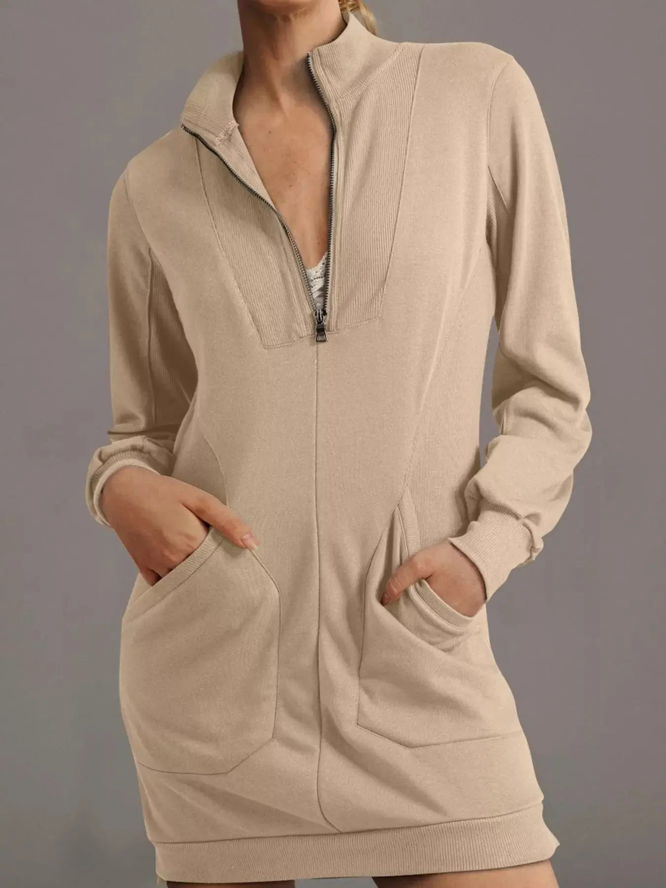 Zip Up Collared Ribbed Patchwork Sweatshirt Dress with Pockets Simply Love
