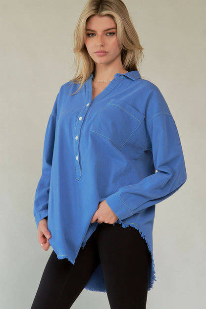 Lettered Back Raw Hem Button-Up Top