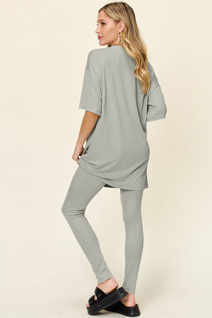 Double Take Full Size Round Neck Dropped Shoulder T-Shirt and Leggings Set.