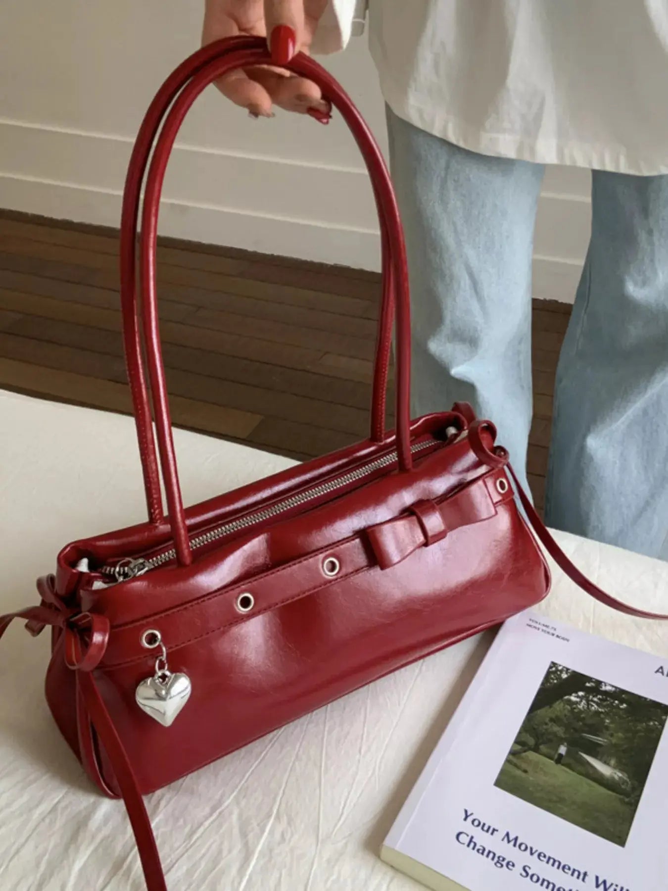 PU Leather Small Shoulder Bag With Heart Charm Elegant Tote Simply Love