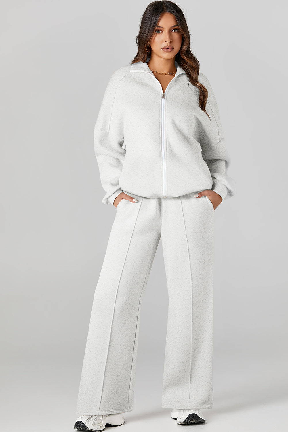 Light Grey Drop Shoulder Zip Jacket Drawstring Pants Set