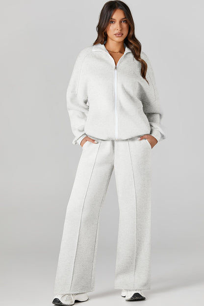 Light Grey Drop Shoulder Zip Jacket Drawstring Pants Set