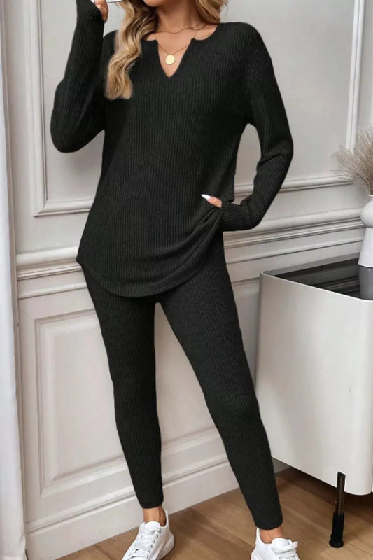 Notched Long Sleeve Top & Pants Set Simply Love