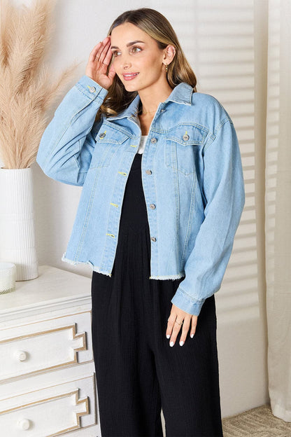 Trendy dropped shoulder denim jacket with raw hem