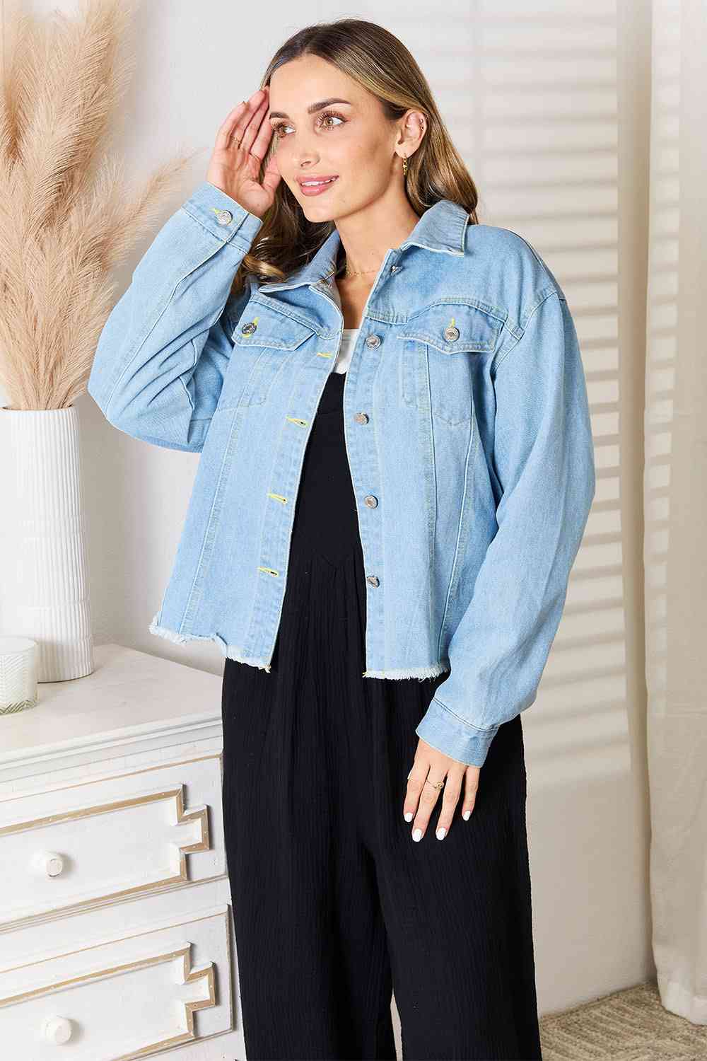 Double Take Dropped Shoulder Raw Hem Denim Jacket - Love Salve