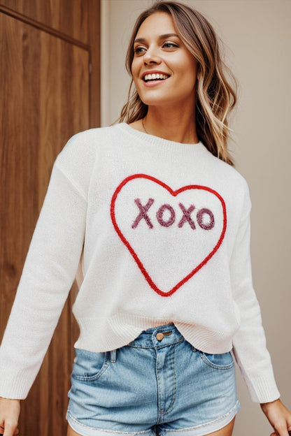 XOXO Heart Round Neck Dropped Shoulder Sweater.