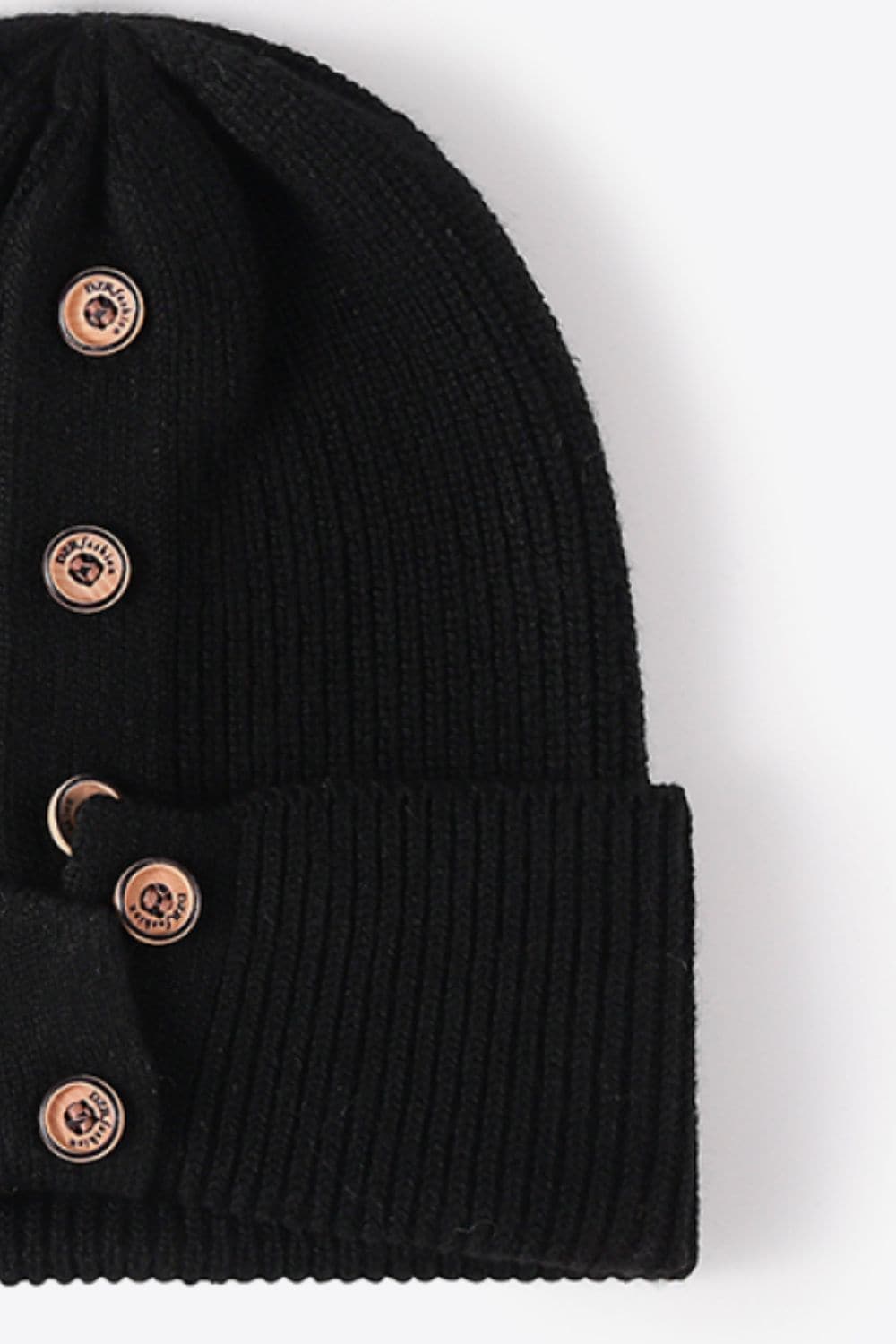 Button Detail Rib-Knit Cuff Beanie.