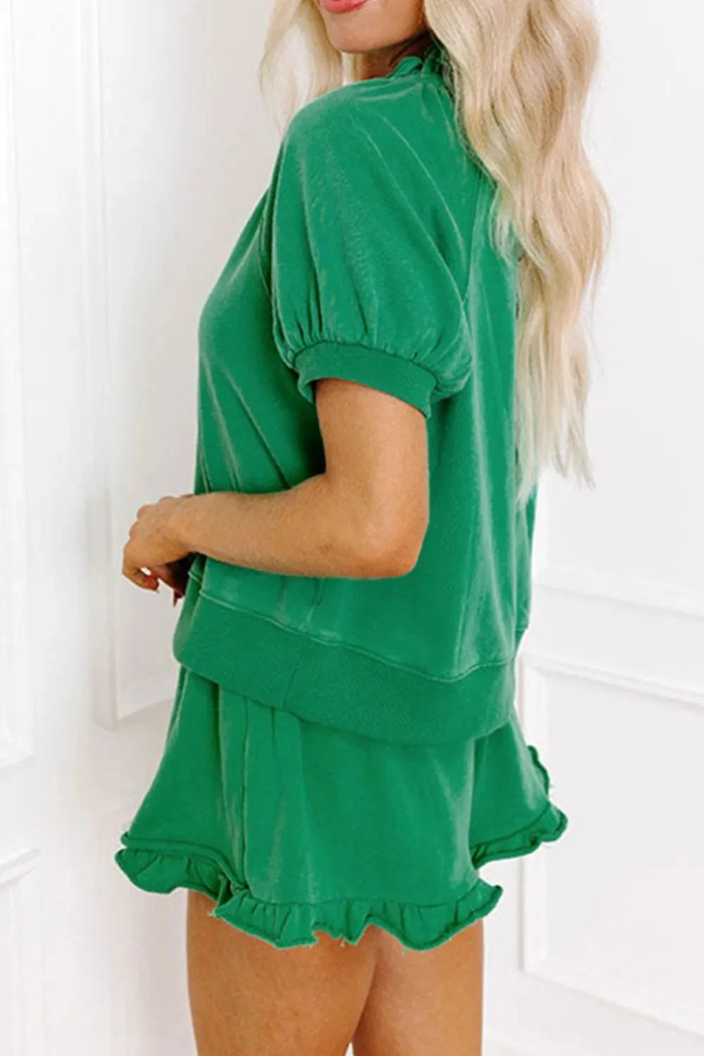 Frill Zip Front Puff Sleeve Top and Skort Set Simply Love