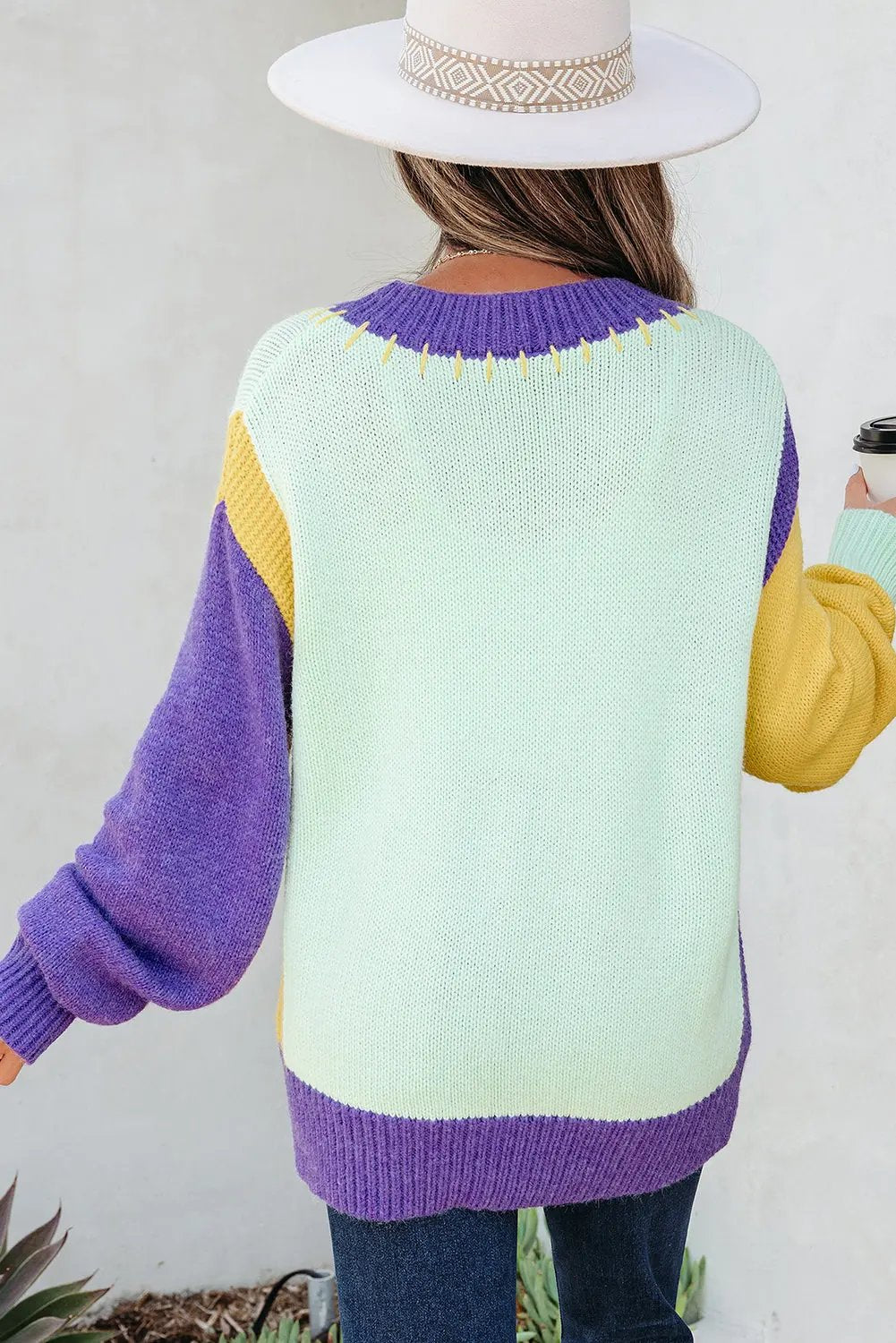 Premium Green Stitched V Neck Color Block Knitted Drop Shoulder Sweater Dear-Lover Dropshipping