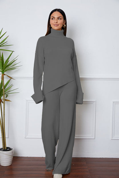 Turtleneck Dropped Shoulder Top and Pants Sweater Set.