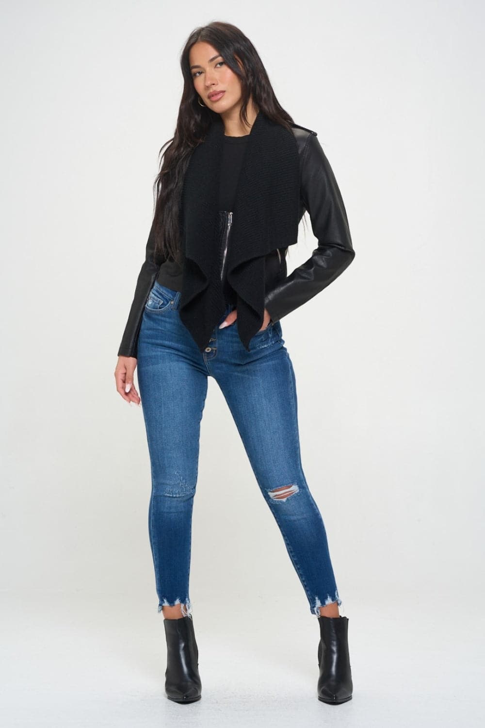 Knit-collared vegan leather cropped jacket for a stylish edge