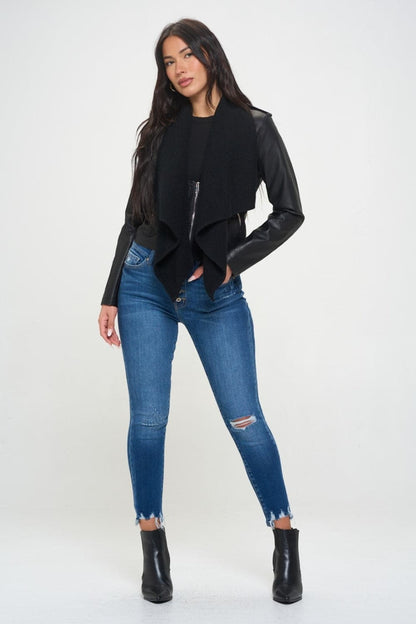 Knit-collared vegan leather crop jacket