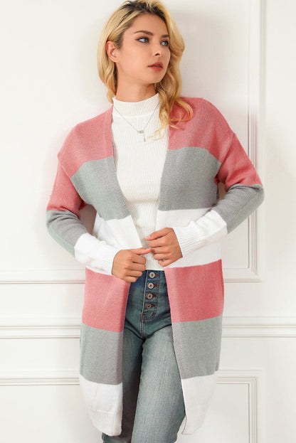 Striped Open Front Long Sleeve Cardigan.