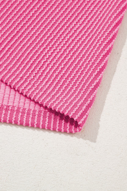 Bright Pink Plain Corded Knit Mock Neck T Shirt for Women