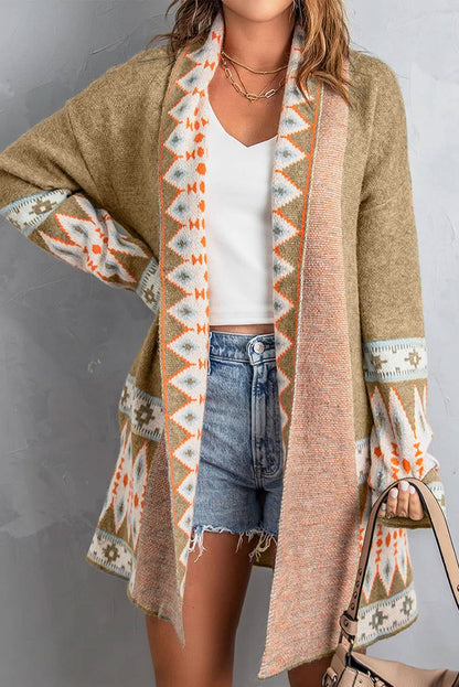 Geometric Open Front Long Sleeve Cardigan