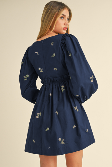 Embroidered Blue Floral Mini Dress with Puff Sleeves and Ruffled Hem