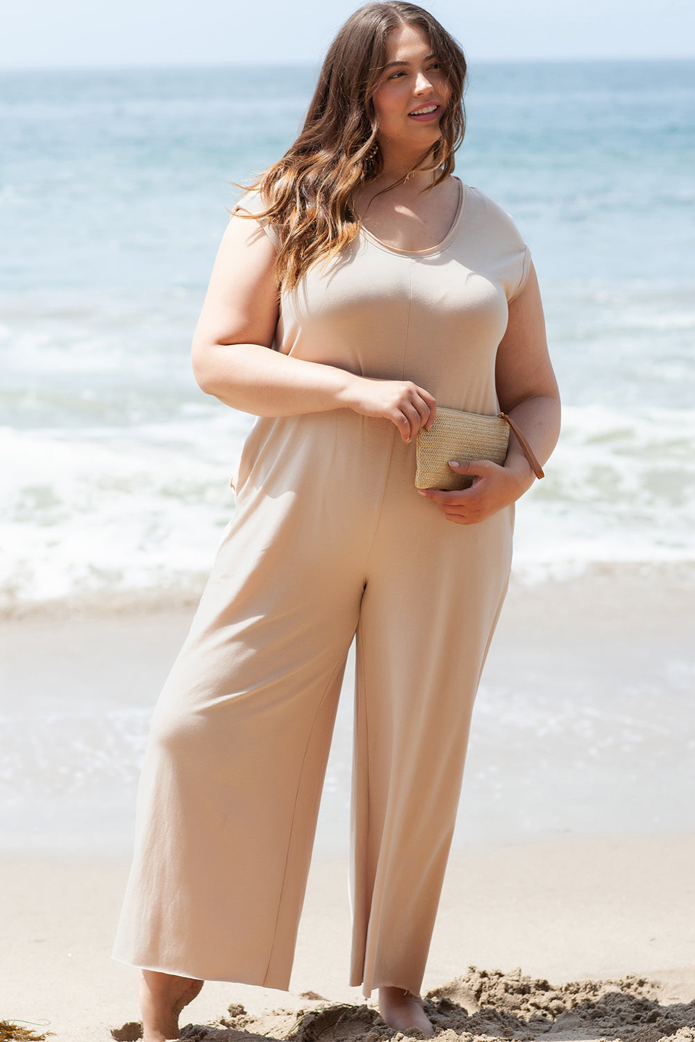 Effortlessly chic light beige cap sleeve wide leg jumpsuit for curvy silhouettes