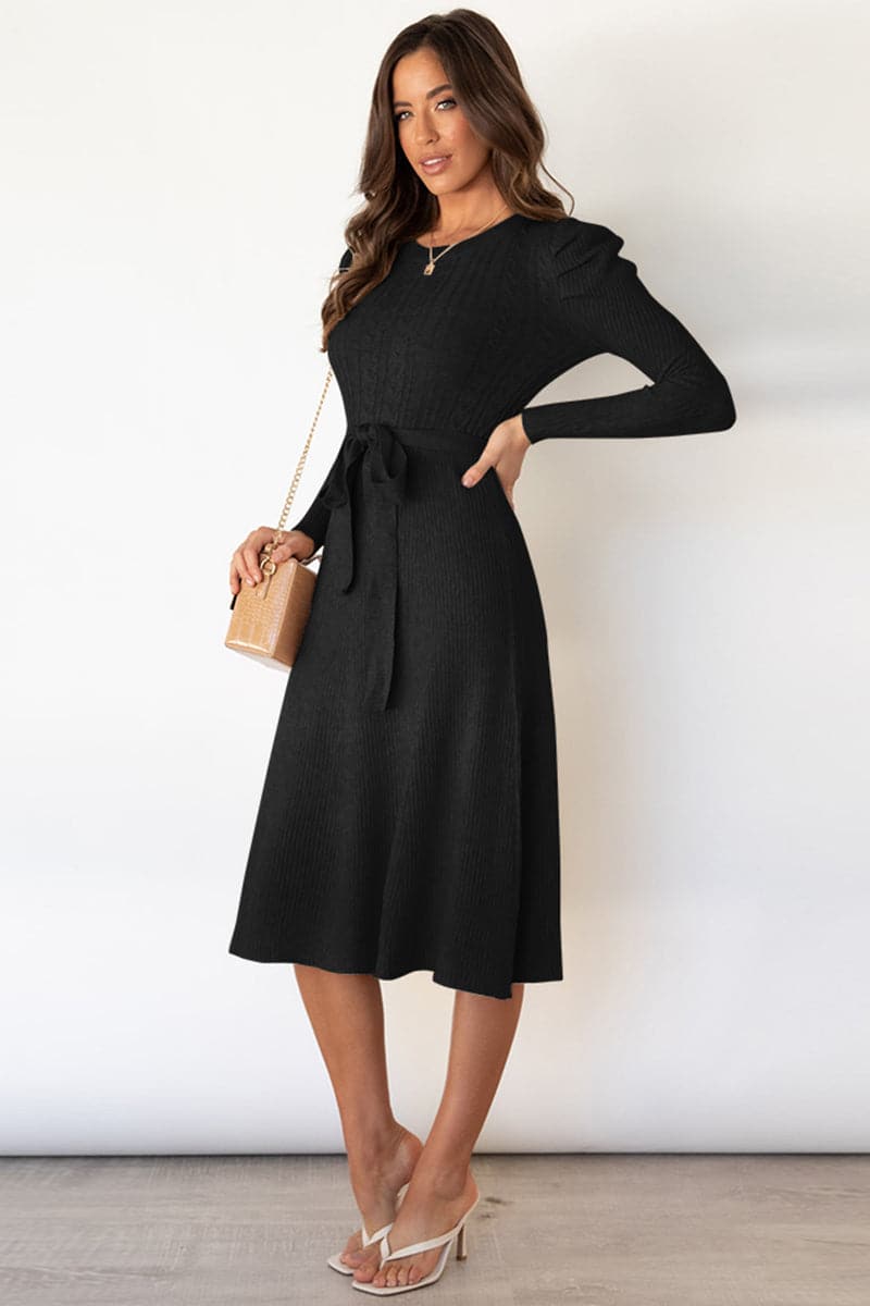 Round Neck Long Sleeve Tie Waist Sweater Dress.