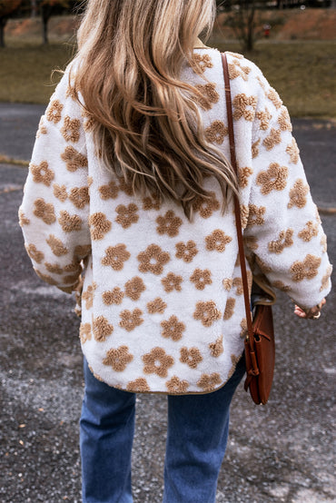 Charming beige fleece jacket with cute flower patterns and button-up design