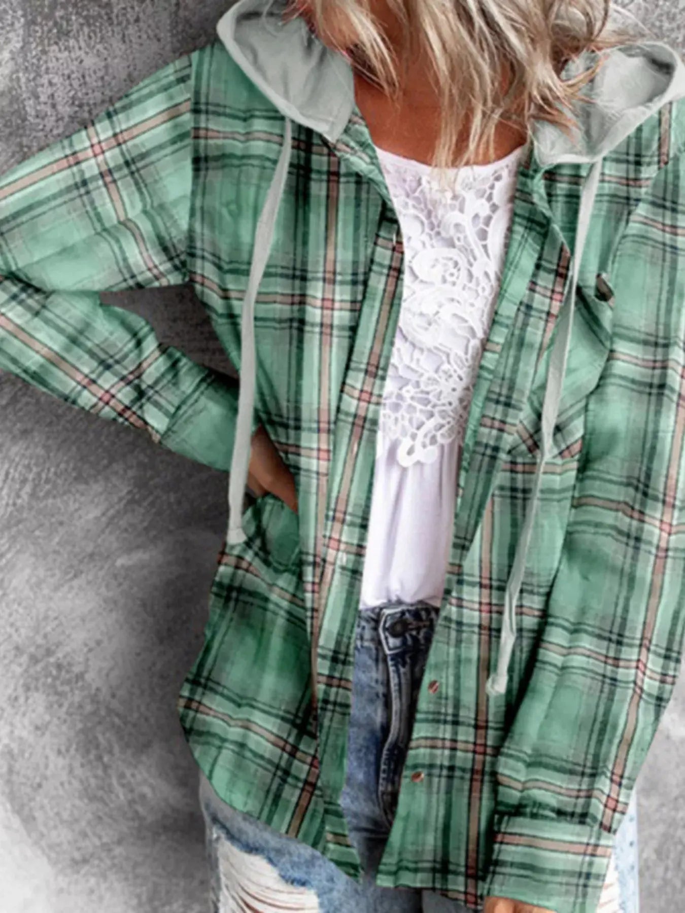 Hooded Plaid Button-Up Shirt Simply Love