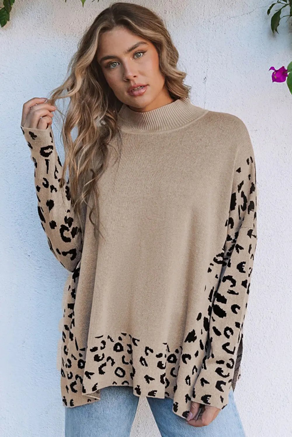 Sarai Leopard High Neck Side Slit Oversized Sweater for Women - Love Salve 