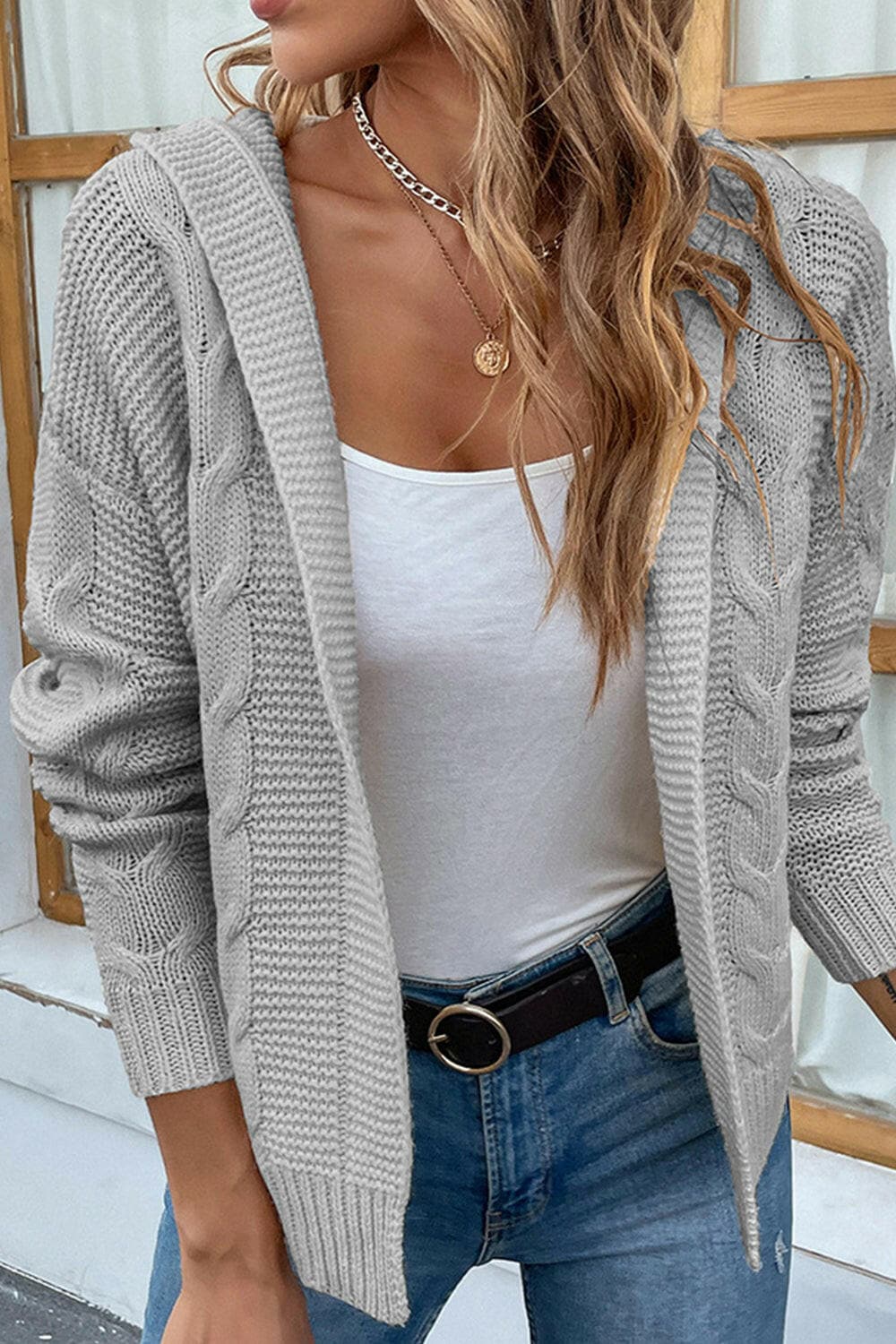 Cable-Knit Dropped Shoulder Hooded Cardigan.