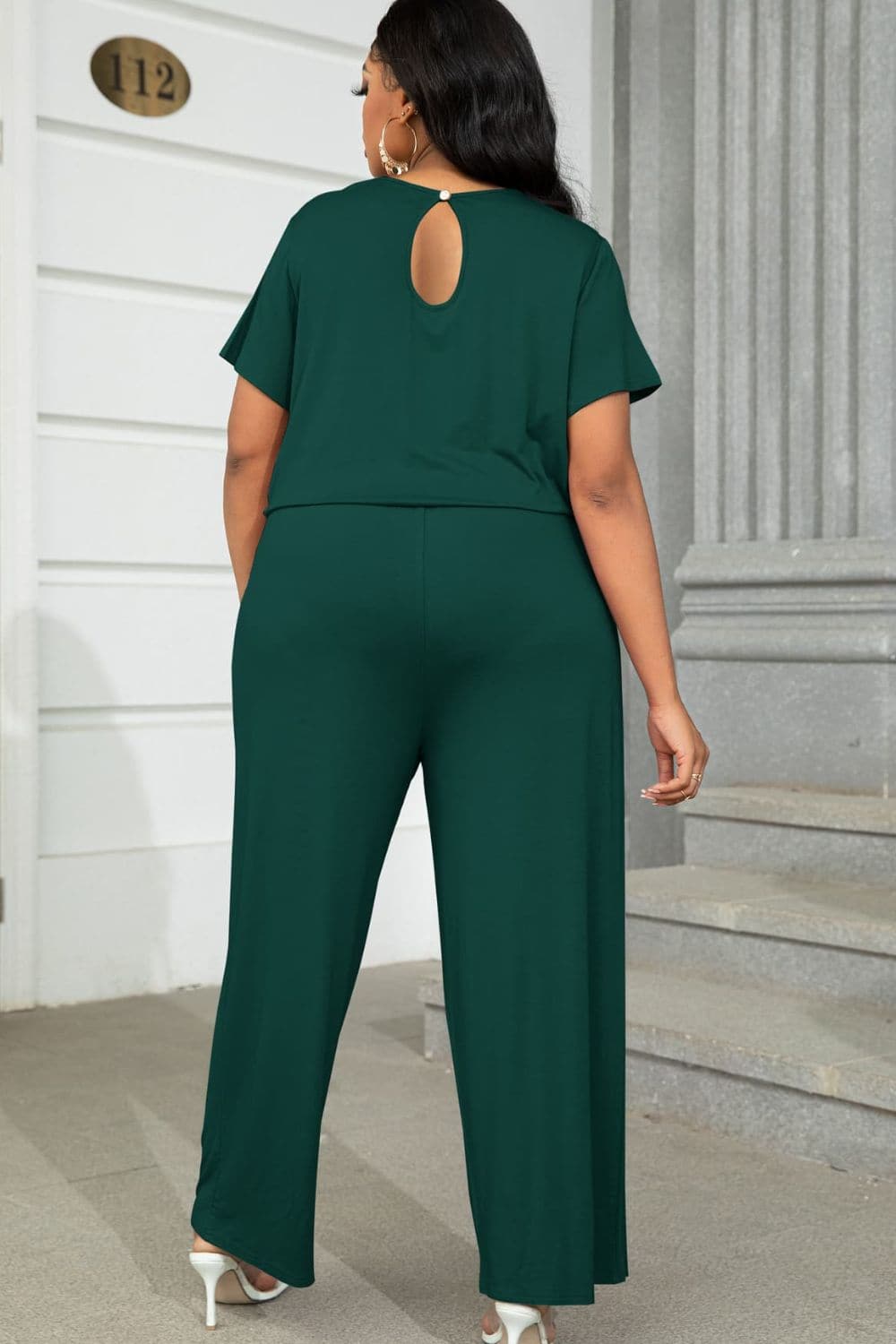 Plus Size Drawstring Waist Short Sleeve Jumpsuit.