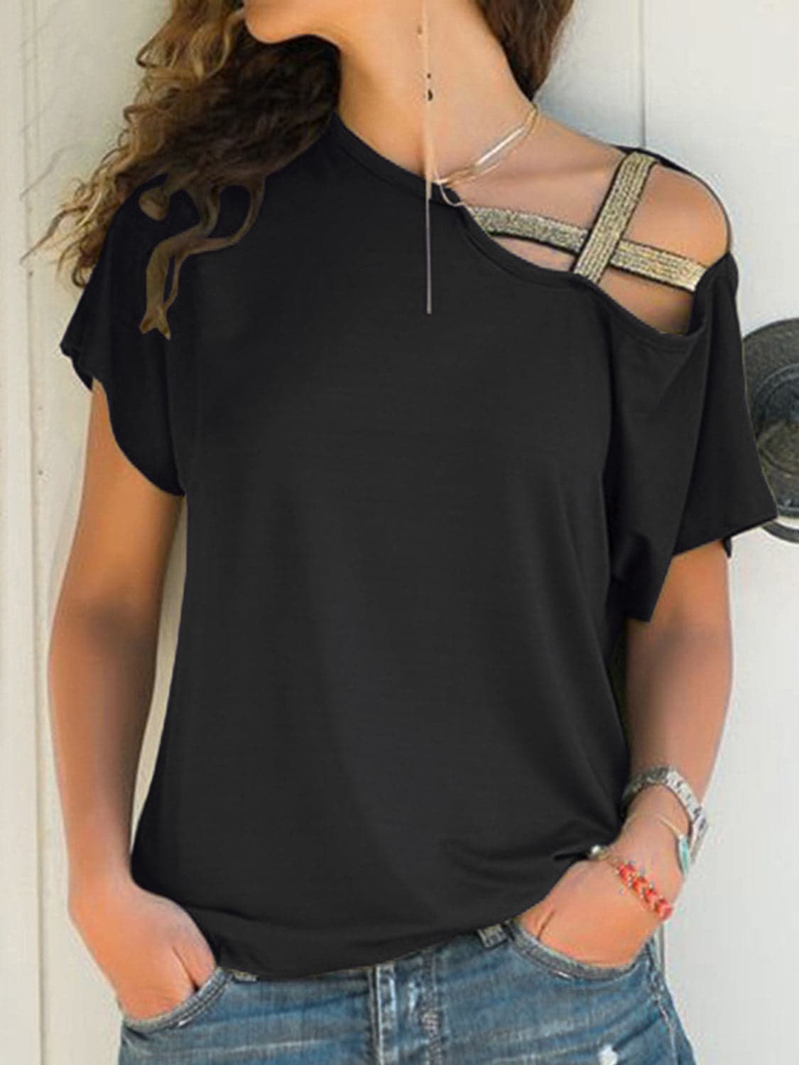 Chic asymmetrical neck tee with short sleeves