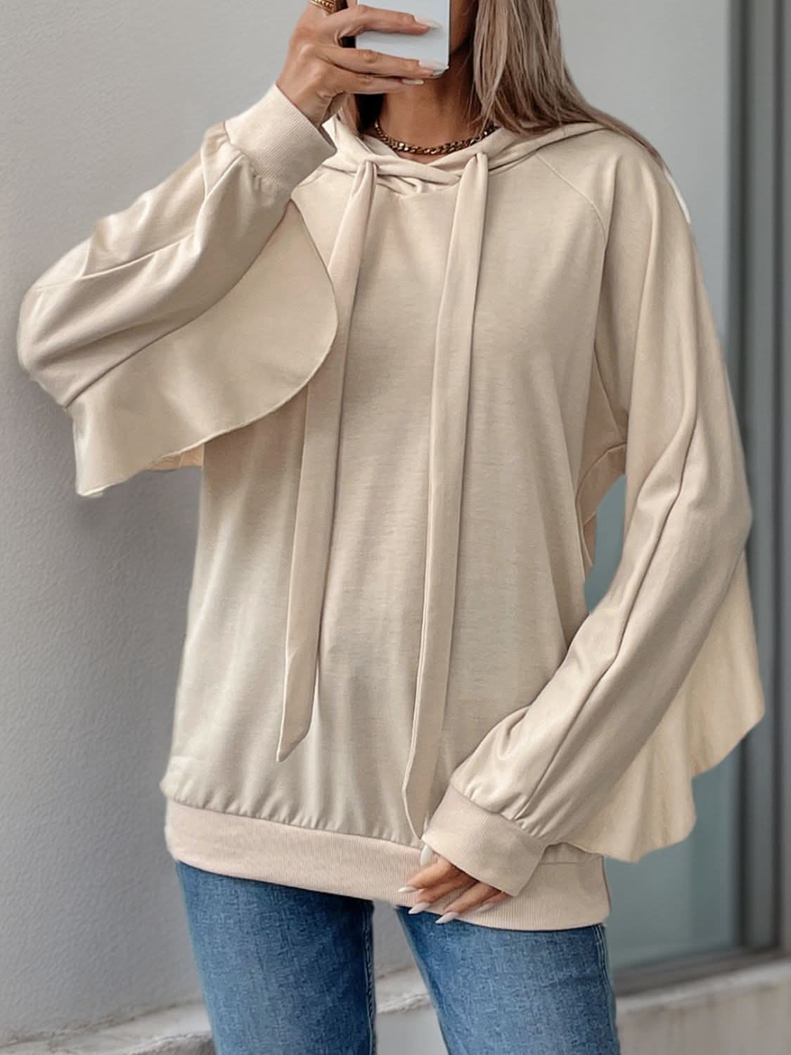 Perfee Drawstring Ruffled Long Sleeve Hoodie - Love Salve 