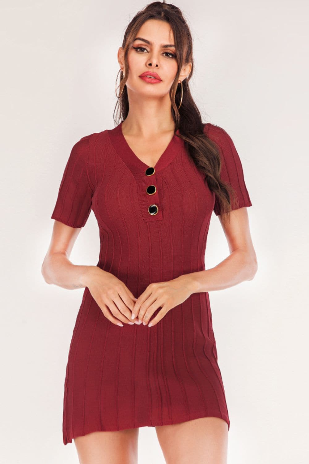 Buttoned Short Sleeve V-Neck Knit Dress.