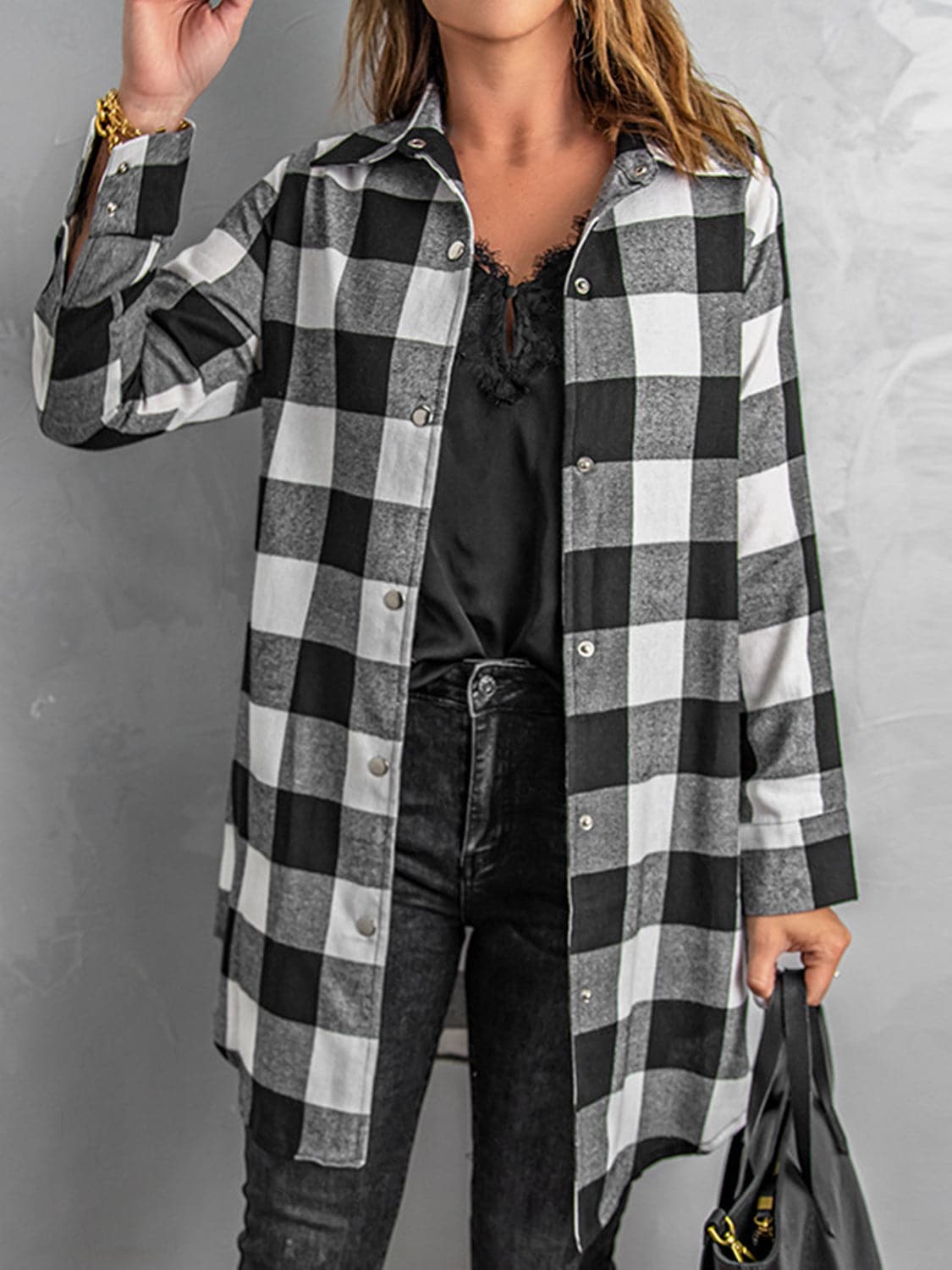 Plaid Snap Down Long Sleeve Jacket.