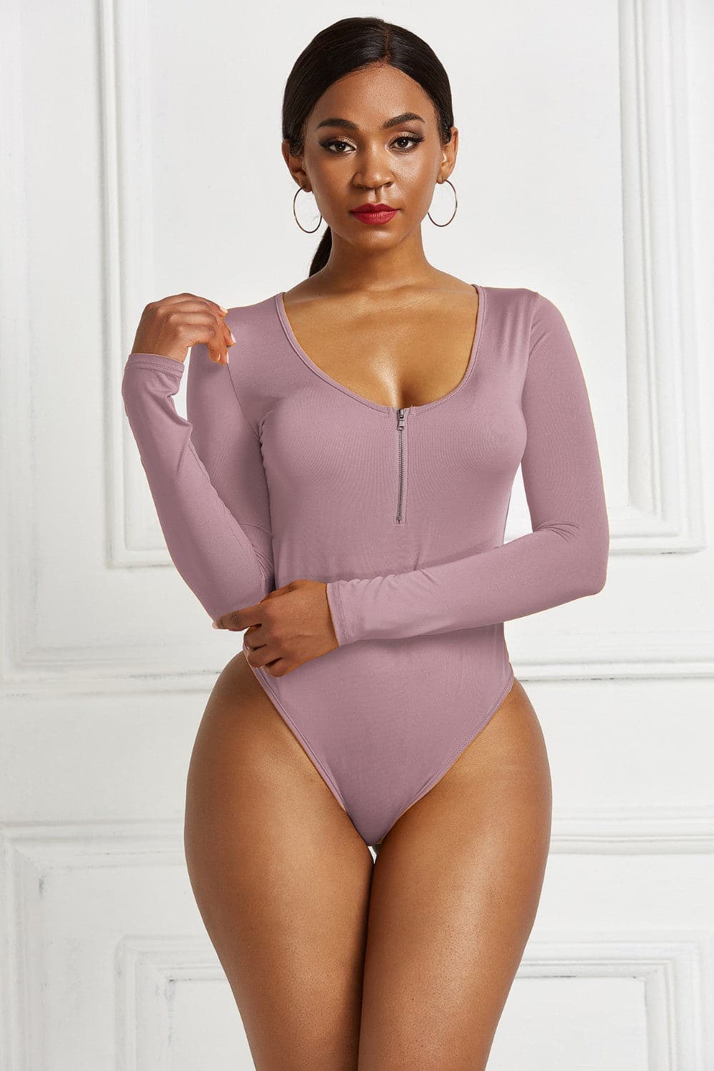 Half Zip Scoop Neck Long Sleeve Bodysuit.