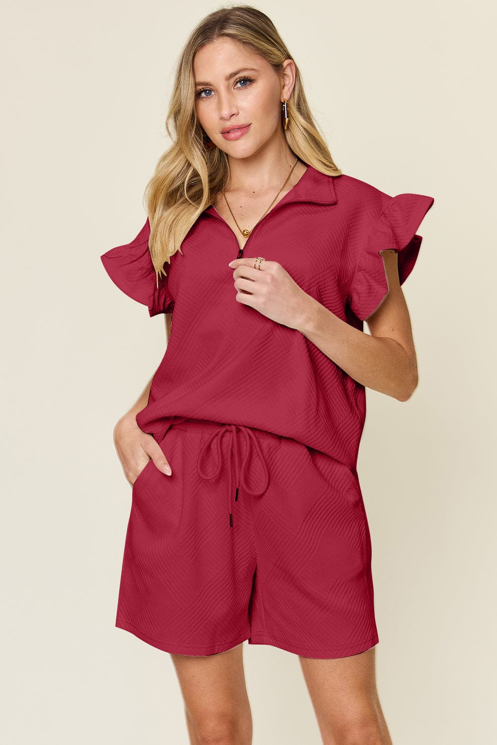 Double Take Full Size Texture Flounce Sleeve Top and Drawstring Shorts Set.