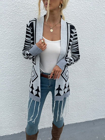 Geometric Fringe Hem Open Front Cardigan.