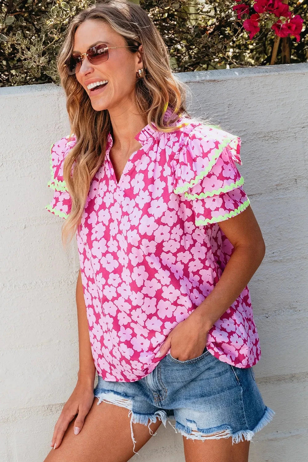 Printed V-Neck Flounce Sleeve Blouse Coco’s Tee Boutique