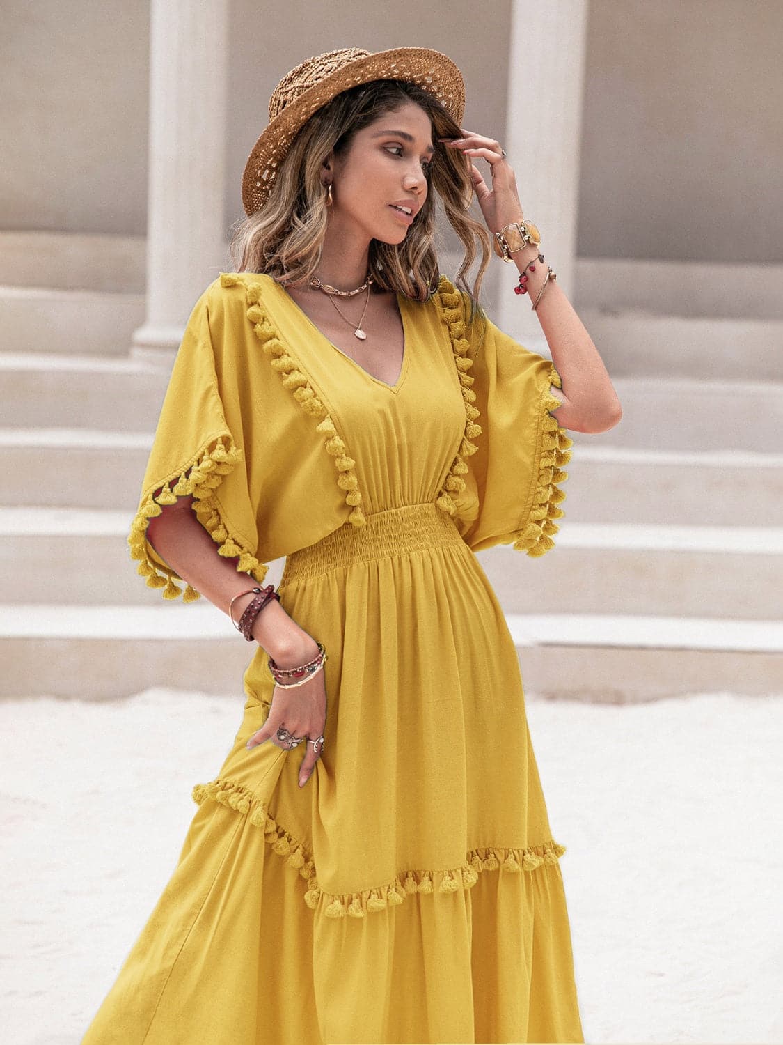 Tassel Trim Smocked V-Neck Short Sleeve Dress.