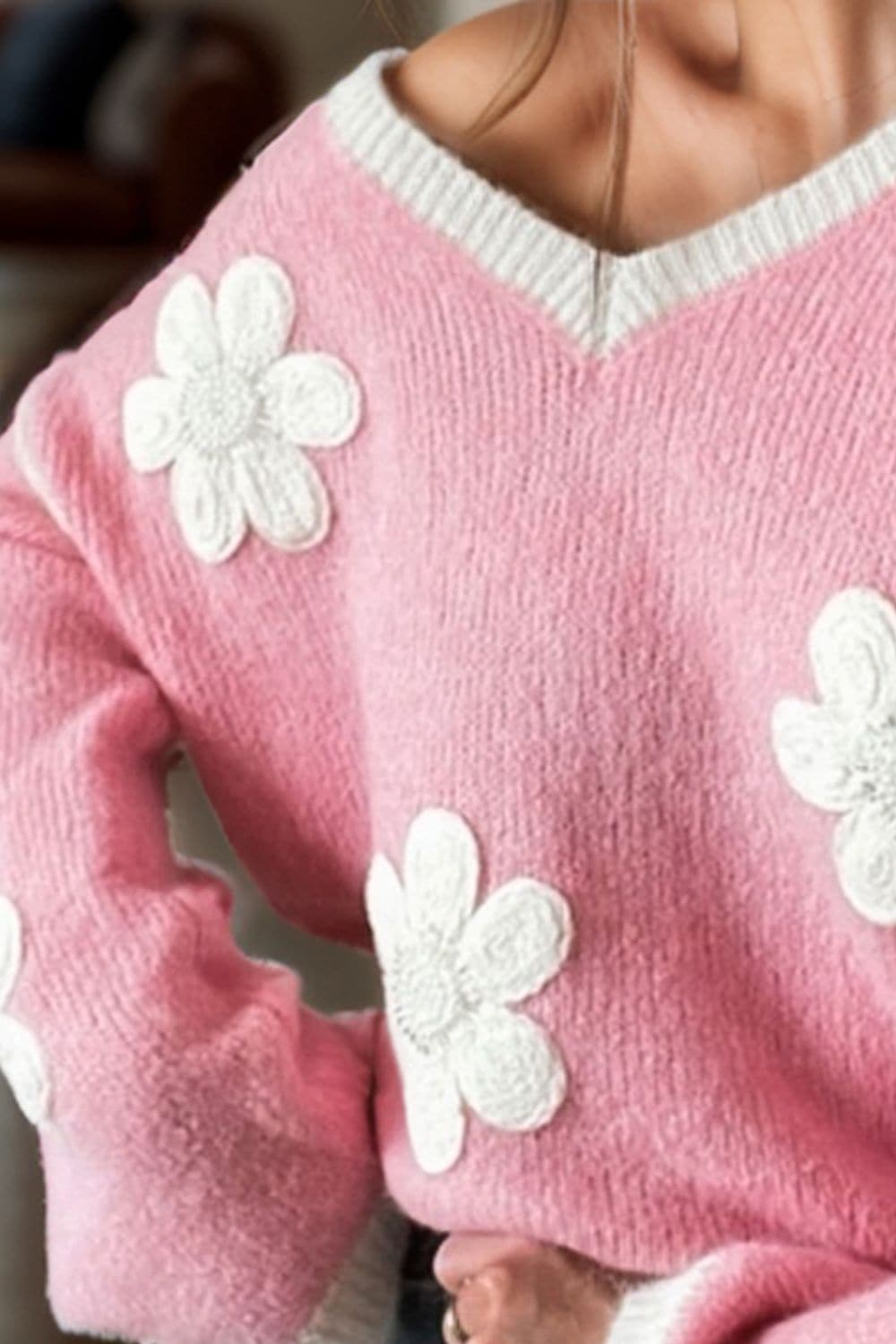 Flower V-Neck Dropped Shoulder Sweater.