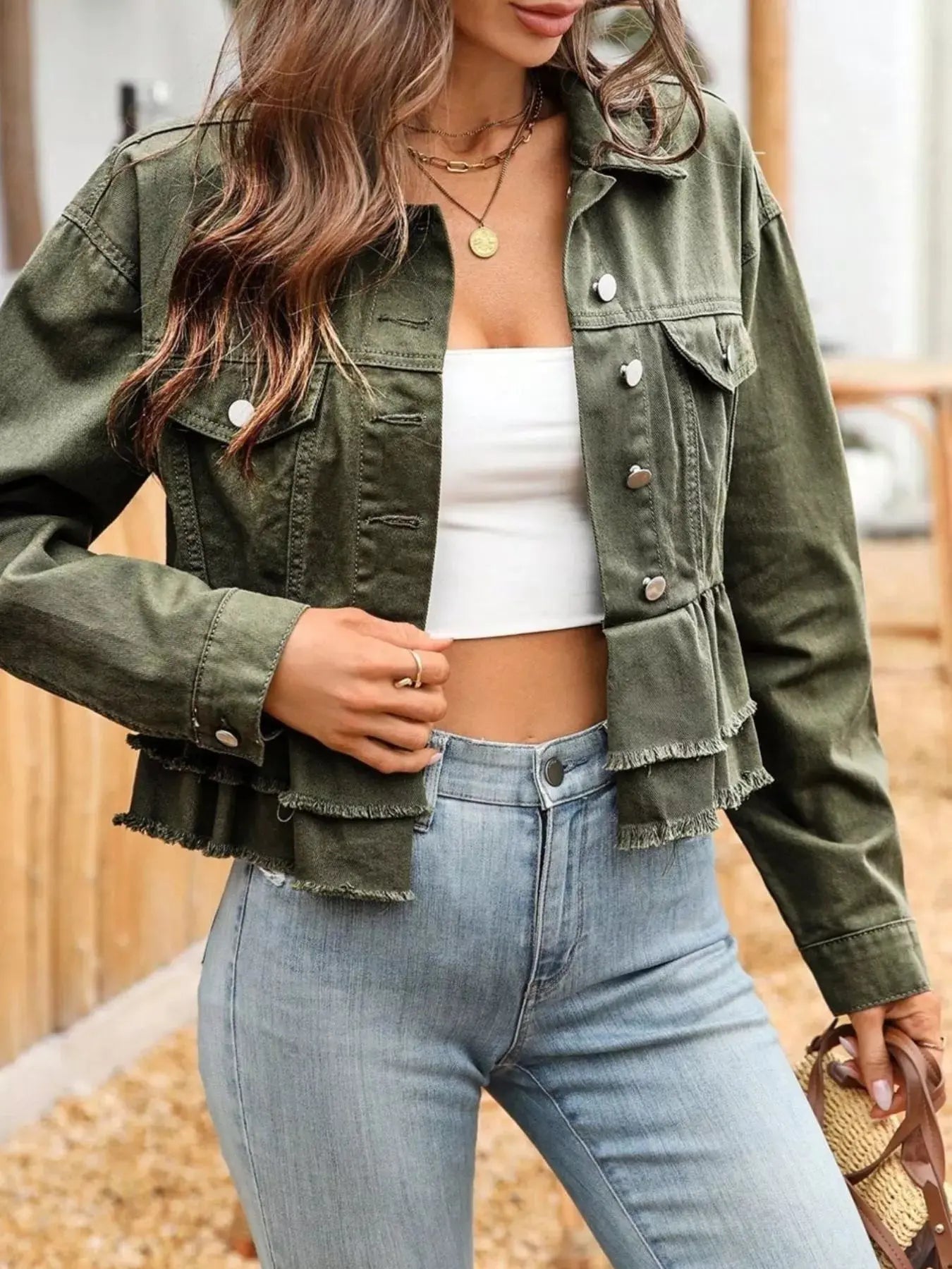 Ruffle Raw Hem Denim Jacket Simply Love