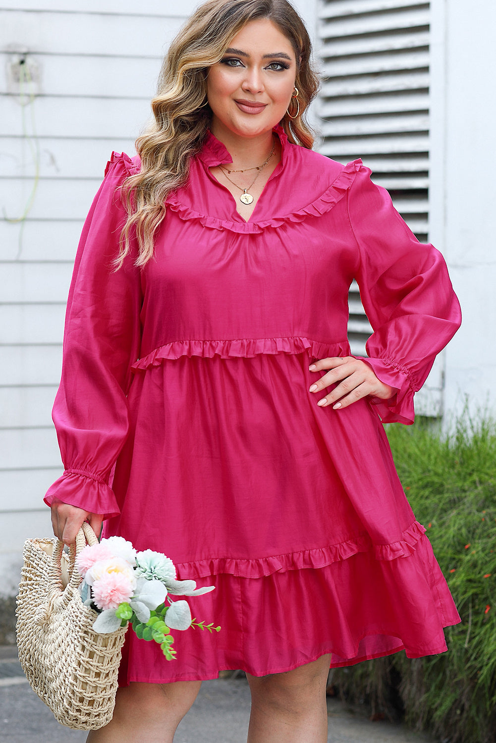 Rosy ruffled bubble sleeve plus size dress