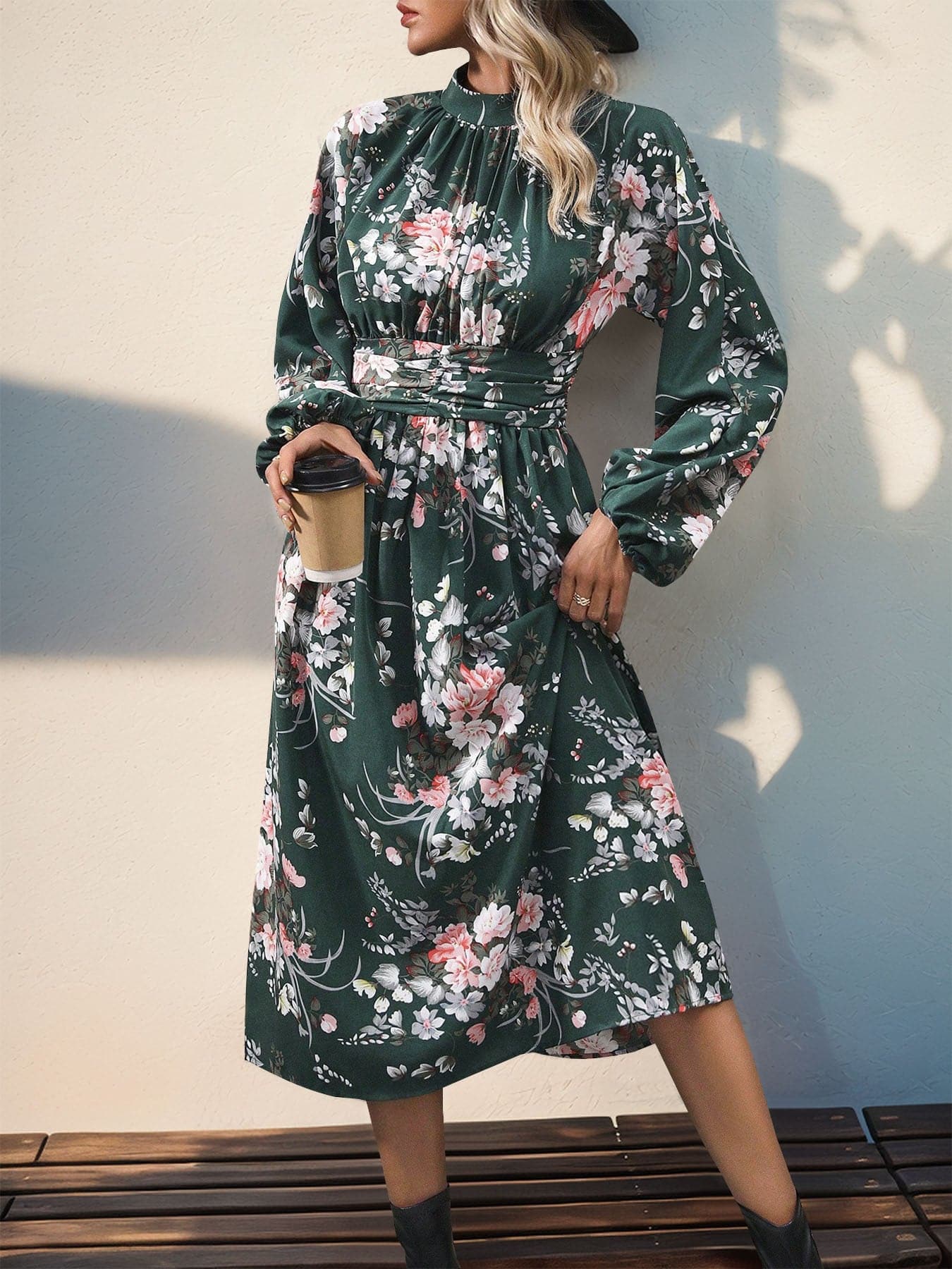 Ruched Printed Mock Neck Long Sleeve Midi Dress.