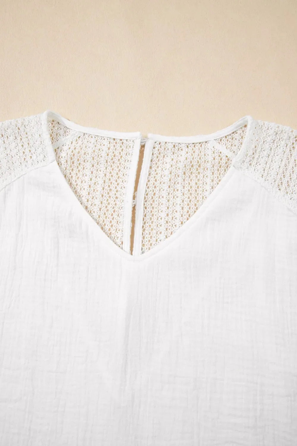 Lace Crochet Textured Button Back V Neck T Shirt